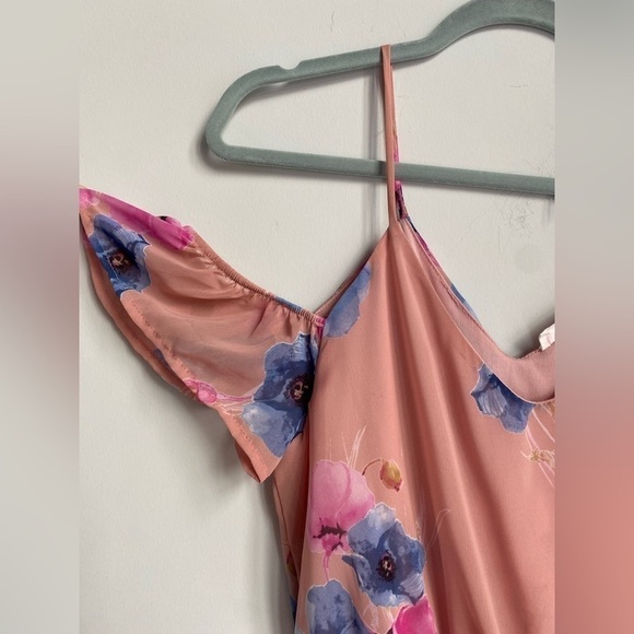 Peach Love Pink Floral Cold Shoulder Ruffle Sleeve Maxi Dress ST - Picture 3 of 8